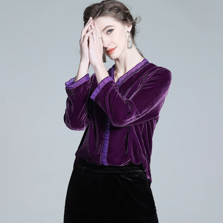 Women's Soft Purple V Neck Long Sleeve Silk Velvet Blouse Evening Party Silk Shirt