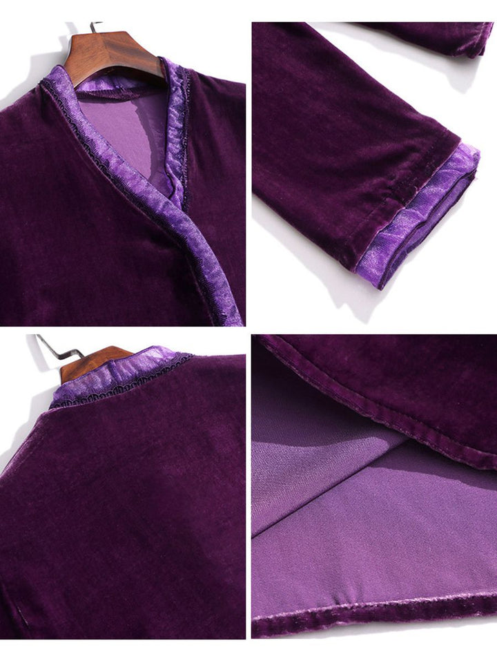 Women's Soft Purple V Neck Long Sleeve Silk Velvet Blouse Evening Party Silk Shirt