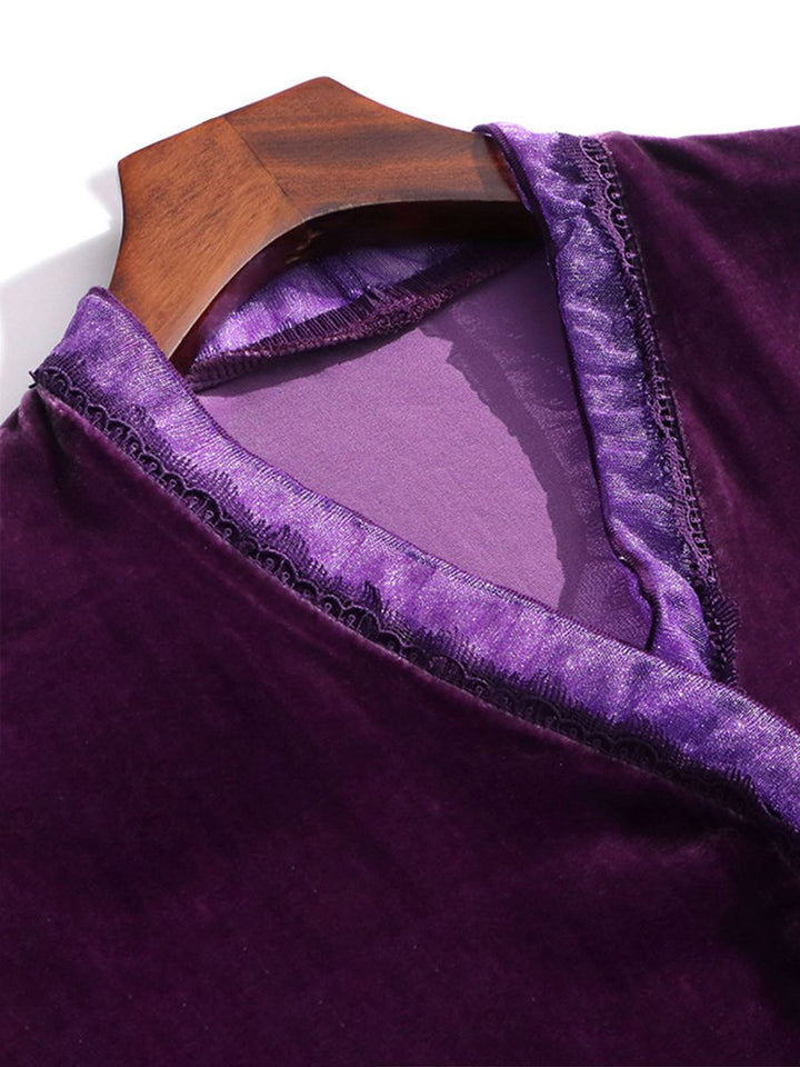 Women's Soft Purple V Neck Long Sleeve Silk Velvet Blouse Evening Party Silk Shirt