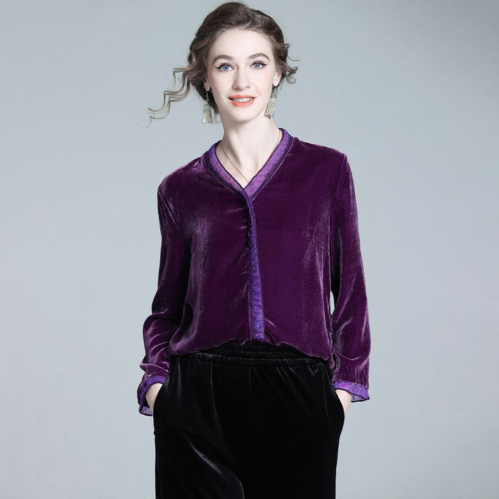 Women's Soft Purple V Neck Long Sleeve Silk Velvet Blouse Evening Party Silk Shirt