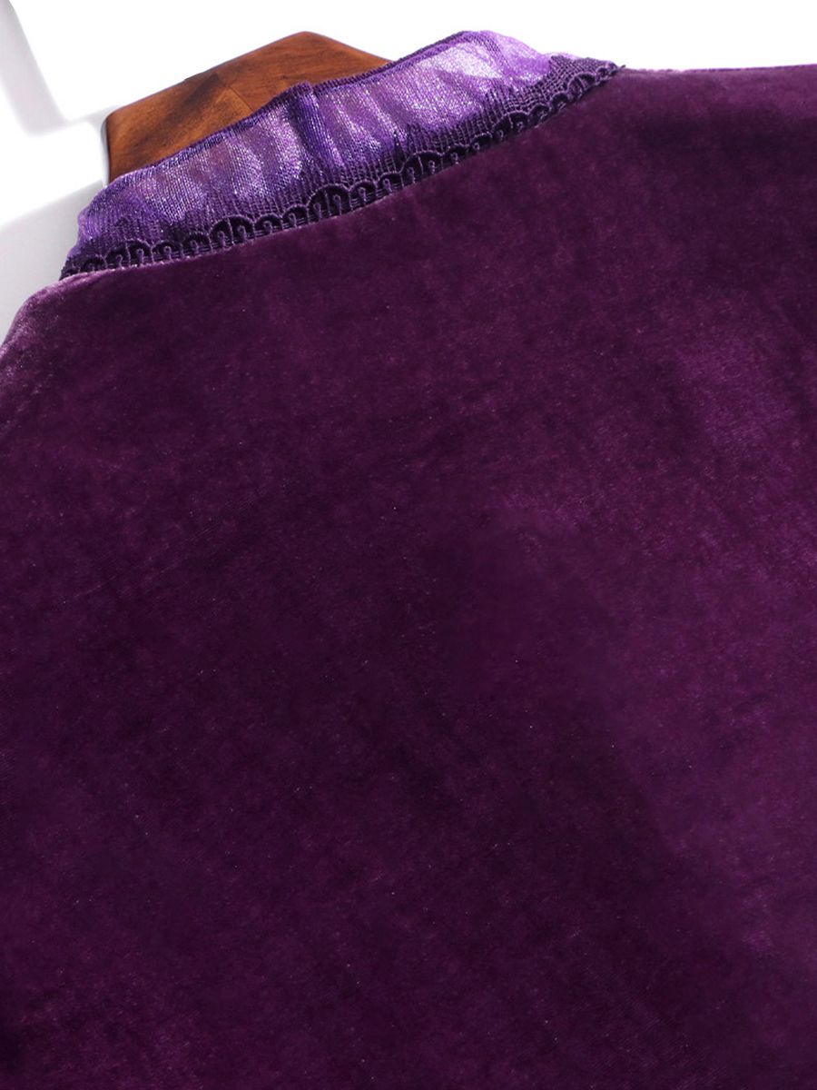 Women's Soft Purple V Neck Long Sleeve Silk Velvet Blouse Evening Party Silk Shirt