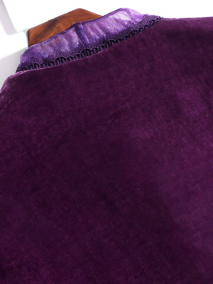 Women's Soft Purple V Neck Long Sleeve Silk Velvet Blouse Evening Party Silk Shirt