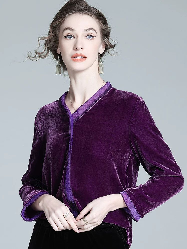 Women's Soft Purple V Neck Long Sleeve Silk Velvet Blouse Evening Party Silk Shirt