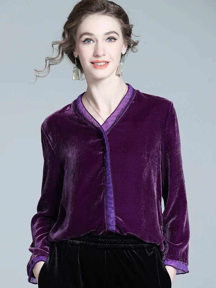 Women's Soft Purple V Neck Long Sleeve Silk Velvet Blouse Evening Party Silk Shirt