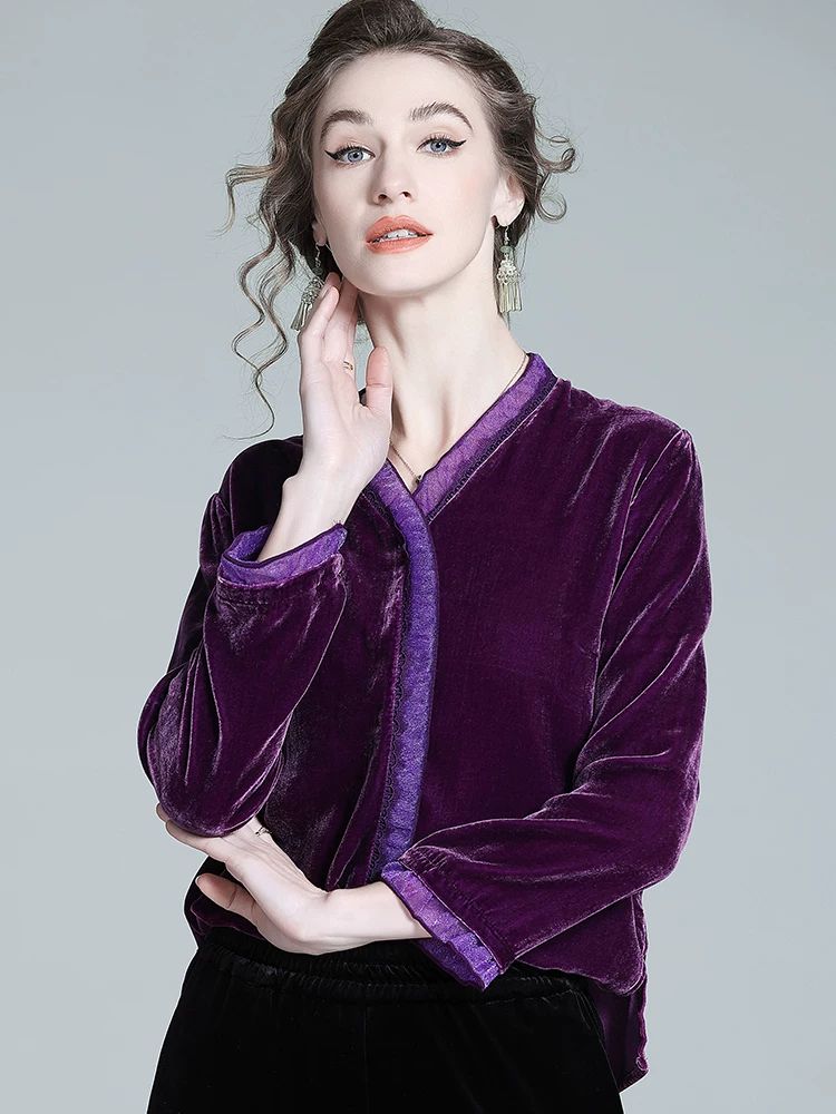 Women's Soft Purple V Neck Long Sleeve Silk Velvet Blouse Evening Party Silk Shirt