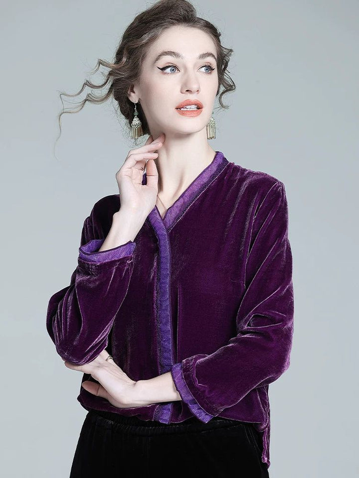 Women's Soft Purple V Neck Long Sleeve Silk Velvet Blouse Evening Party Silk Shirt