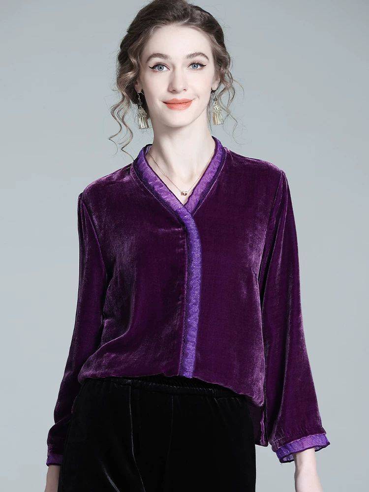 Women's Soft Purple V Neck Long Sleeve Silk Velvet Blouse Evening Party Silk Shirt