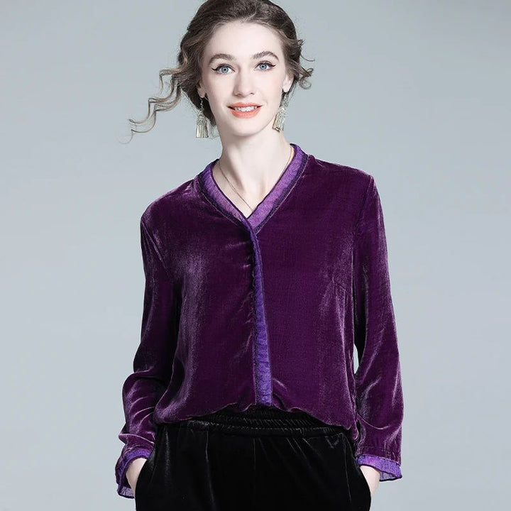Women's Soft Purple V Neck Long Sleeve Silk Velvet Blouse Evening Party Silk Shirt