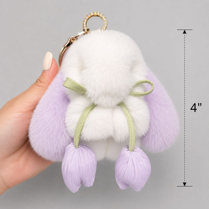 Cute Bunny Rabbit Fur Keychain with Tulip Charm Soft Plush Rabbit Bag Charm Key Ring Accessory