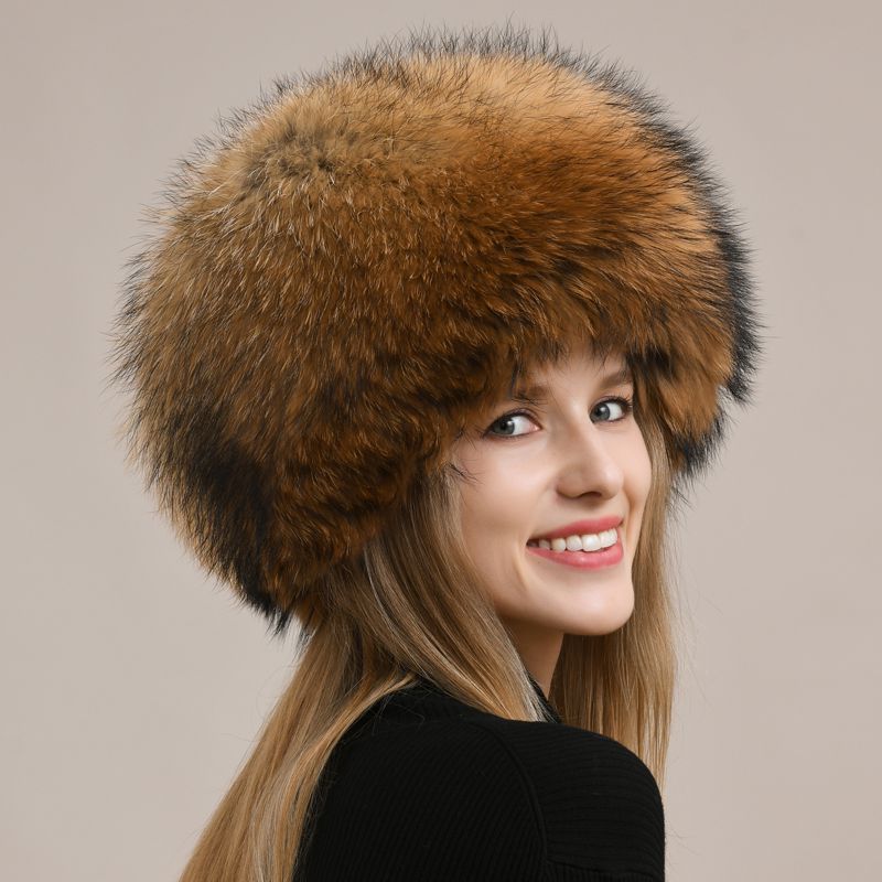Womens Luxury Fox Fur Russian Hat Thickened Full-Pelt Winter Round Fur Hat