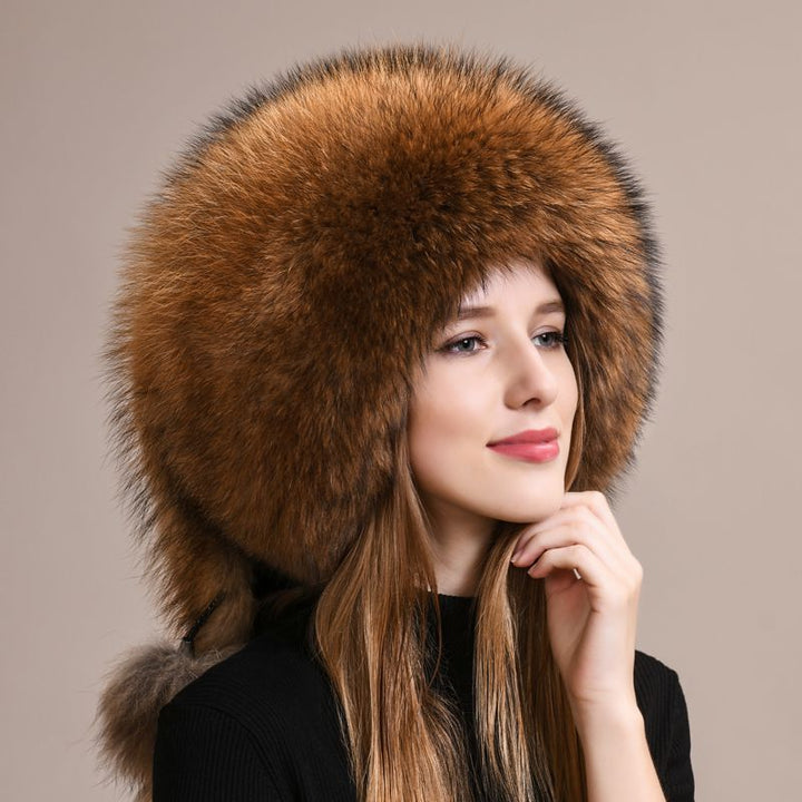Luxury Genuine Fox Fur Hat for Women Full-Pelt Furry Fluffy Fuzzy Tail Outdoor Cold Weather Hat with Pom-Poms