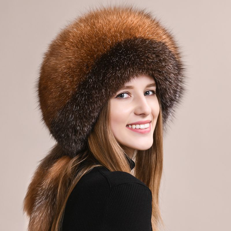 Soft Real Fox Fur Hat with Elegant Tails Women's Winter Fashion Cozy Full-Pelt Fur Beanie for Cold Weather
