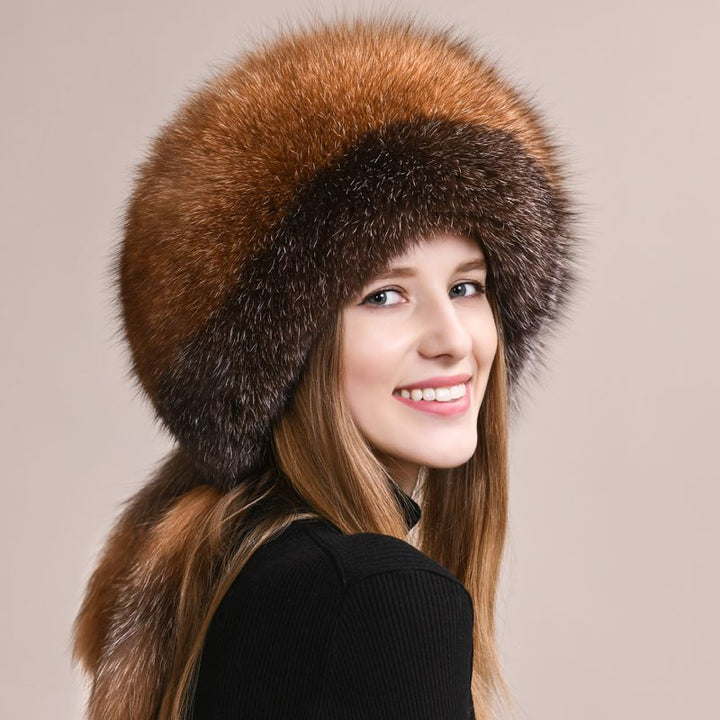 Soft Real Fox Fur Hat with Elegant Tails Women's Winter Fashion Cozy Full-Pelt Fur Beanie for Cold Weather