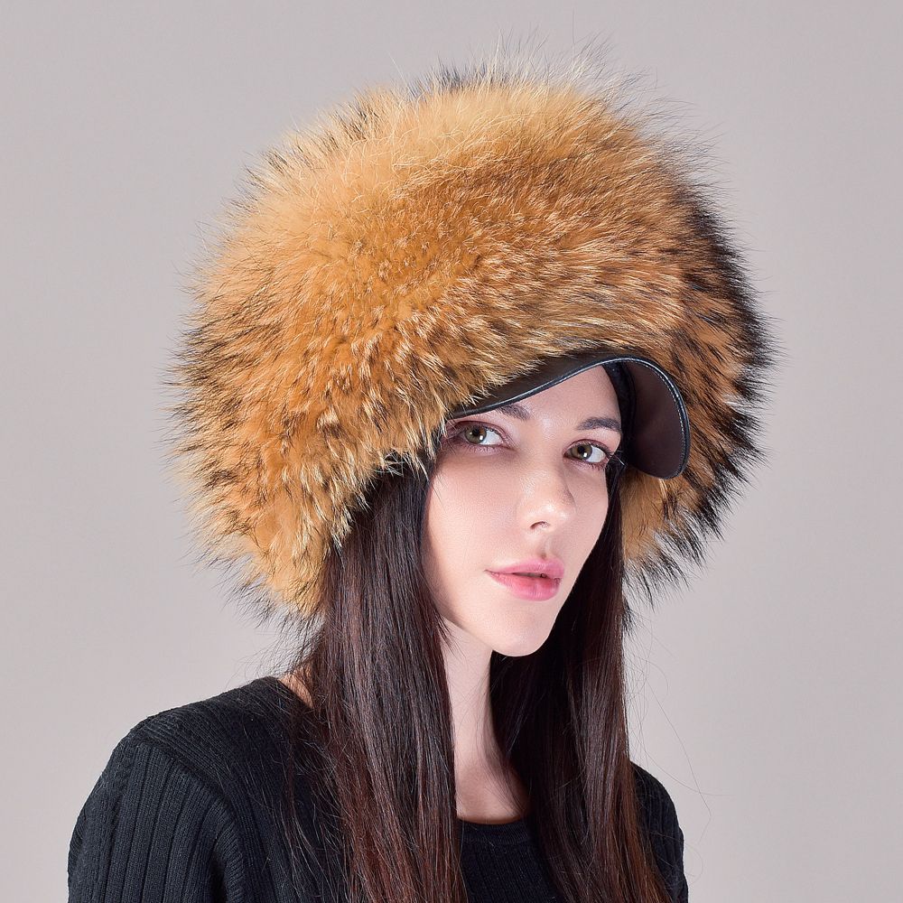 Luxury Real Fox Fur Hat with Leather Visor Elegant Winter Fur Cap for Women