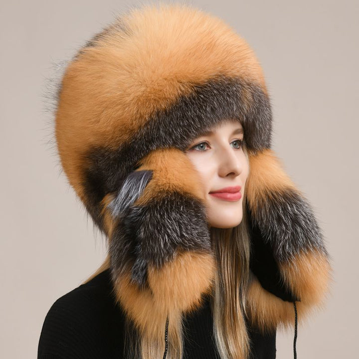 Luxury Oversized Two-Tone Real Fox Fur Pom Pom Hat Women Winter Warm Ushanka