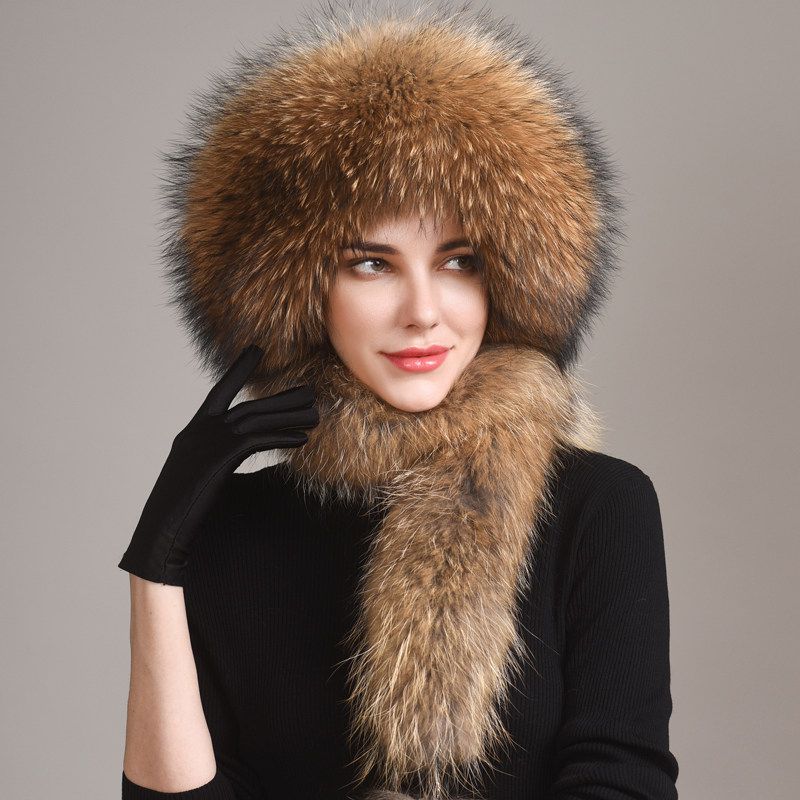 Luxury Winter Fox Fur Trapper Hat Women Pom Pom Fur Ushanka with Tail Scarf
