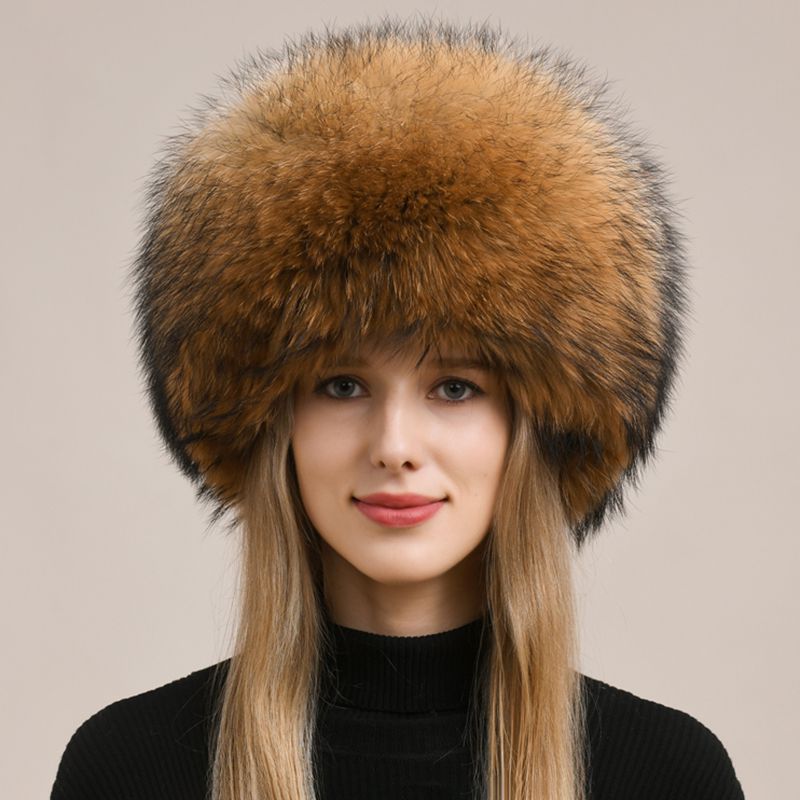 Womens Luxury Fox Fur Russian Hat Thickened Full-Pelt Winter Round Fur Hat