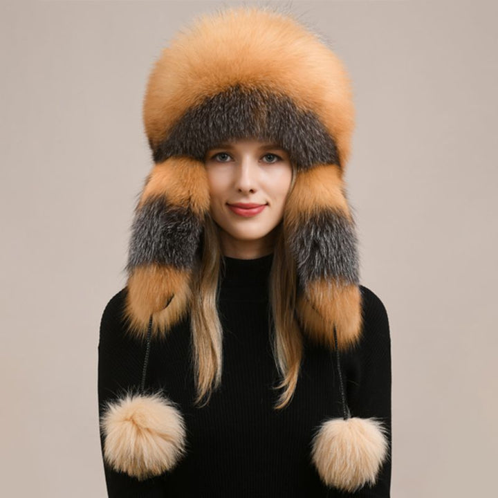 Luxury Oversized Two-Tone Real Fox Fur Pom Pom Hat Women Winter Warm Ushanka