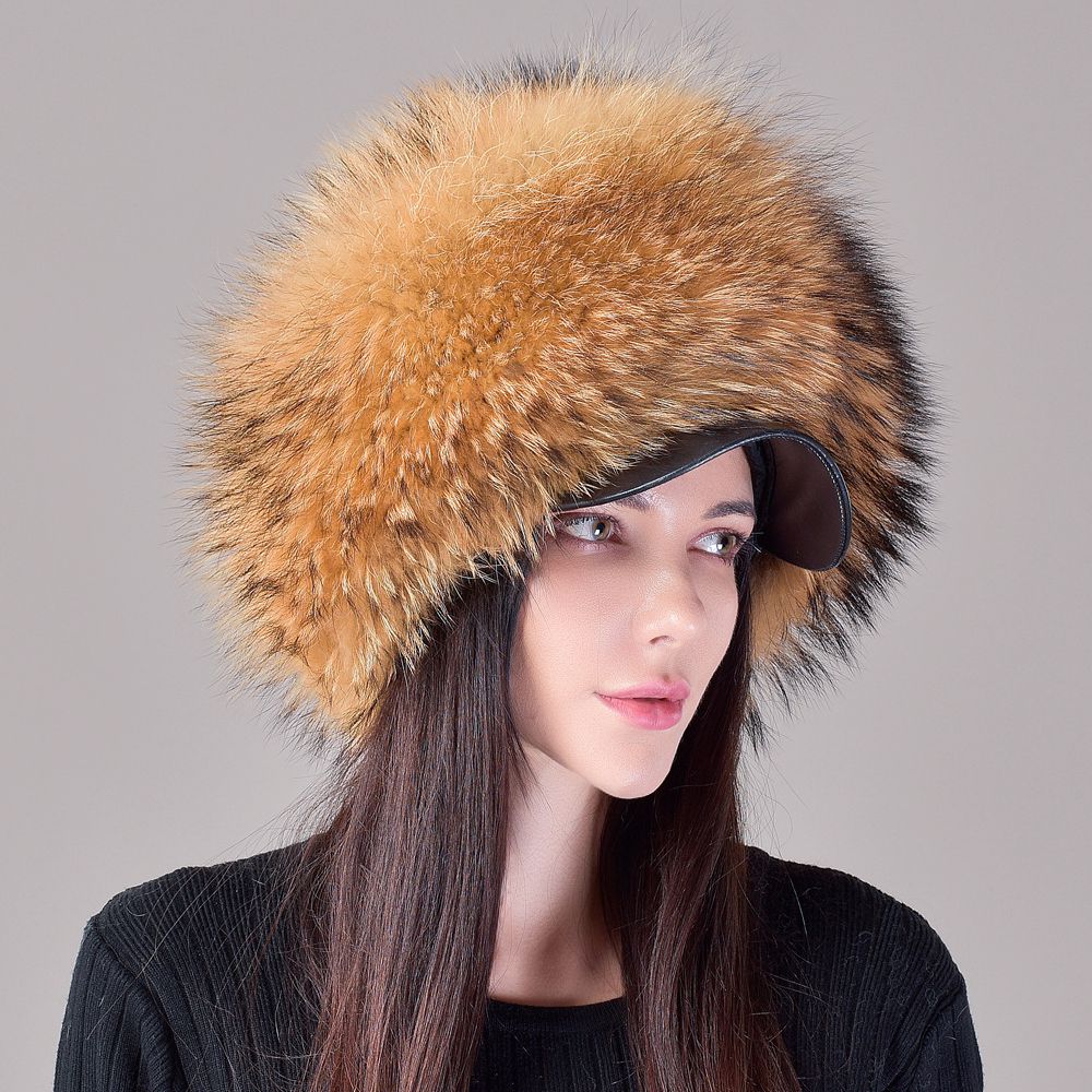Luxury Real Fox Fur Hat with Leather Visor Elegant Winter Fur Cap for Women