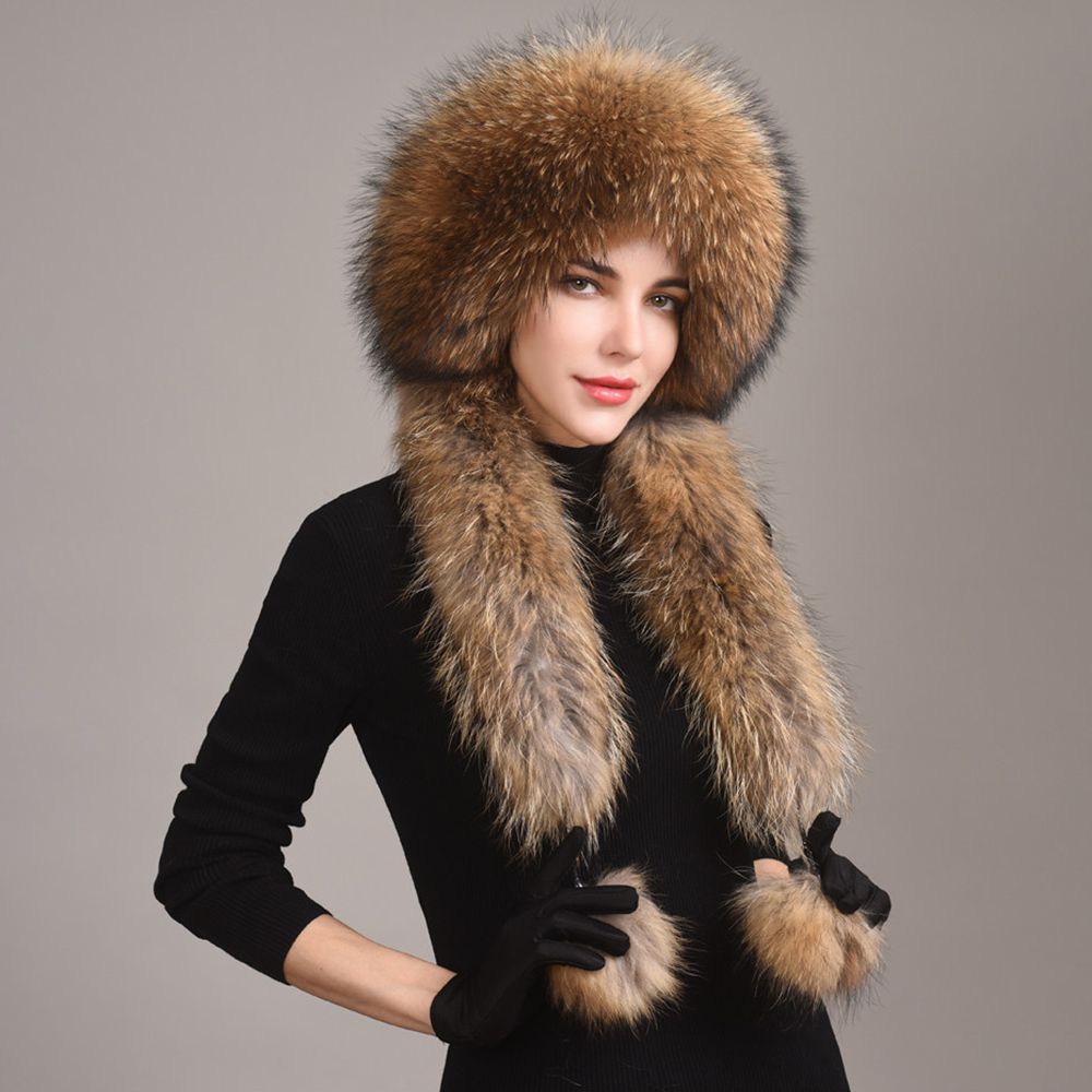 Luxury Winter Fox Fur Trapper Hat Women Pom Pom Fur Ushanka with Tail Scarf