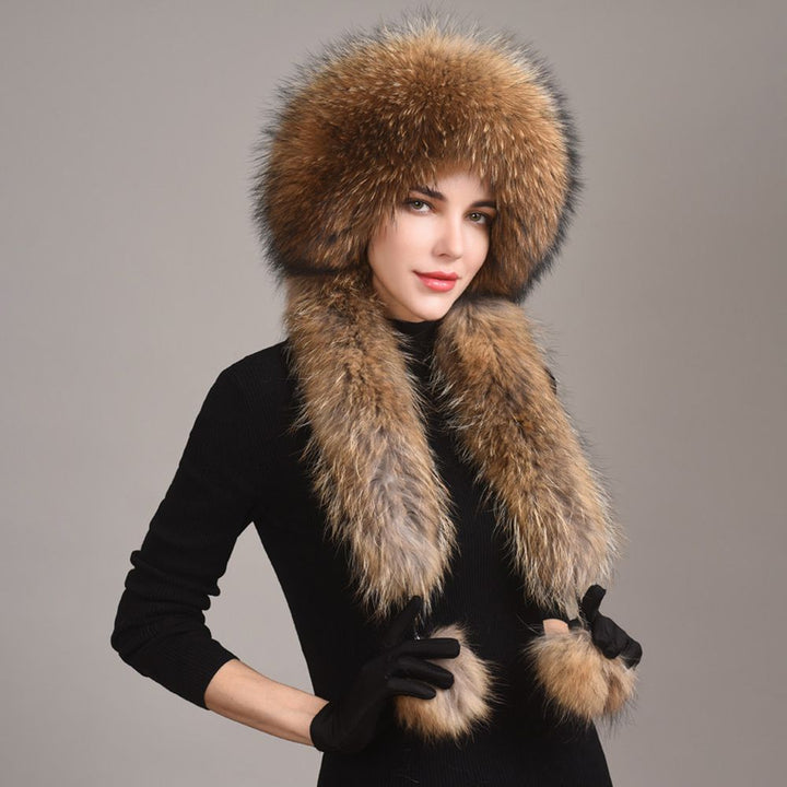 Luxury Winter Fox Fur Trapper Hat Women Pom Pom Fur Ushanka with Tail Scarf