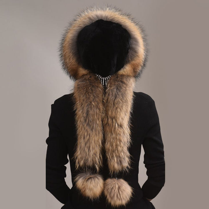 Luxury Winter Fox Fur Trapper Hat Women Pom Pom Fur Ushanka with Tail Scarf