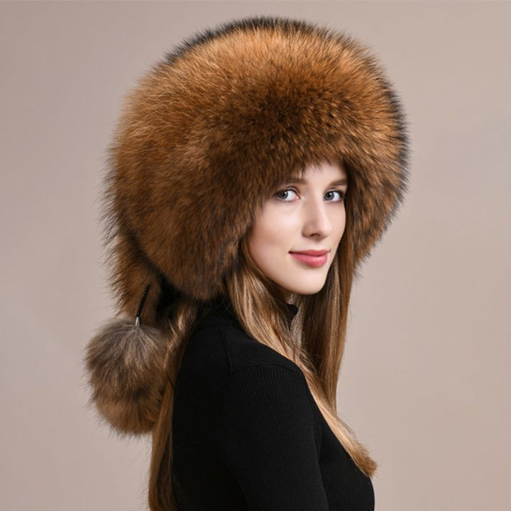 Luxury Genuine Fox Fur Hat for Women Full-Pelt Furry Fluffy Fuzzy Tail Outdoor Cold Weather Hat with Pom-Poms