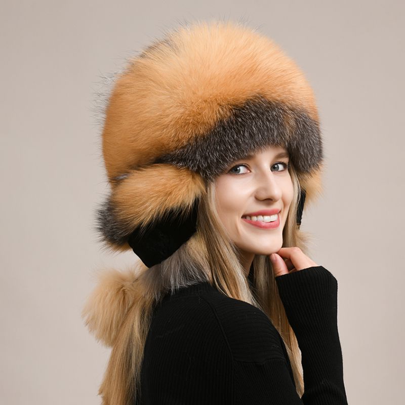 Luxury Oversized Two-Tone Real Fox Fur Pom Pom Hat Women Winter Warm Ushanka