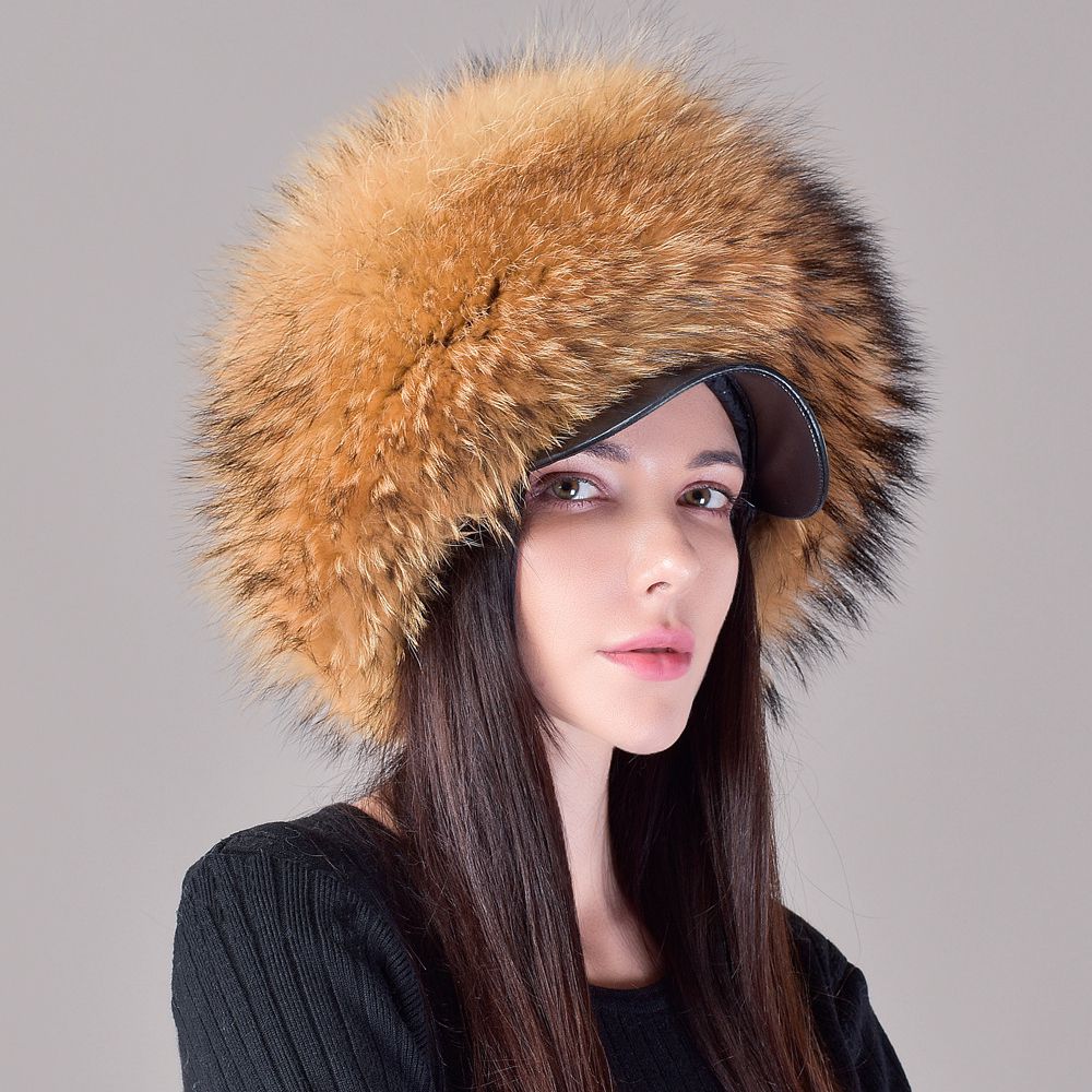 Luxury Real Fox Fur Hat with Leather Visor Elegant Winter Fur Cap for Women