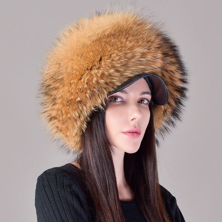 Luxury Real Fox Fur Hat with Leather Visor Elegant Winter Fur Cap for Women