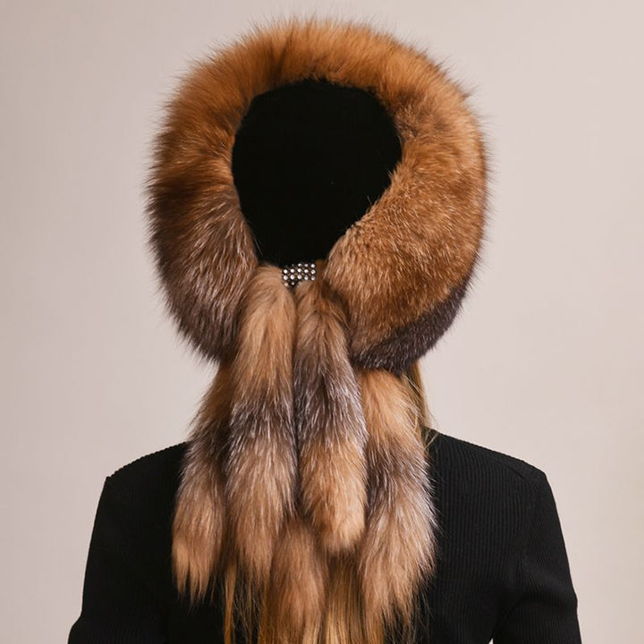 Soft Real Fox Fur Hat with Elegant Tails Women's Winter Fashion Cozy Full-Pelt Fur Beanie for Cold Weather