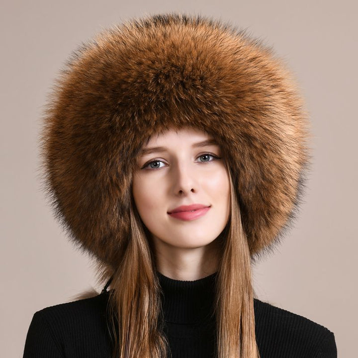 Luxury Genuine Fox Fur Hat for Women Full-Pelt Furry Fluffy Fuzzy Tail Outdoor Cold Weather Hat with Pom-Poms