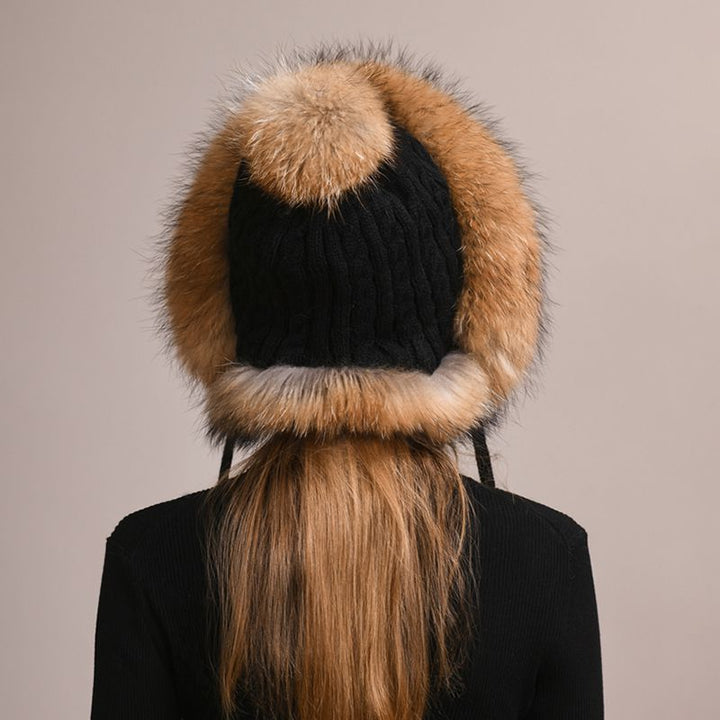 Luxury Real Fox Fur Pom Pom Hat Women Winter Knitted Trapper Hat with Full Fur Trim