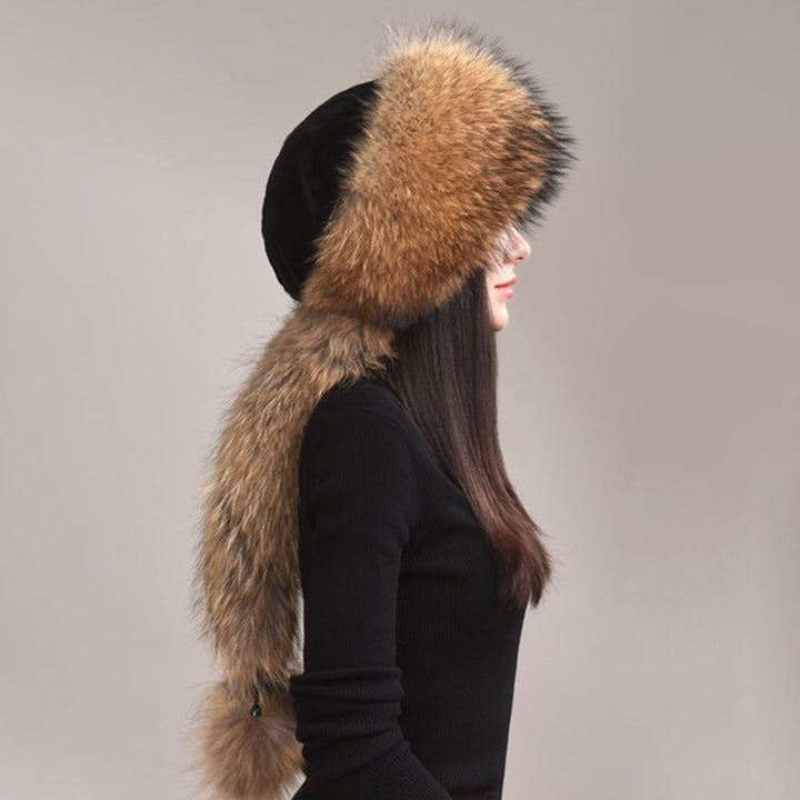 Luxury Winter Fox Fur Trapper Hat Women Pom Pom Fur Ushanka with Tail Scarf