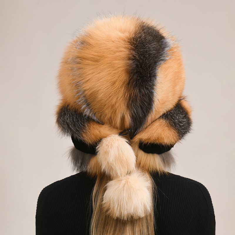 Luxury Oversized Two-Tone Real Fox Fur Pom Pom Hat Women Winter Warm Ushanka