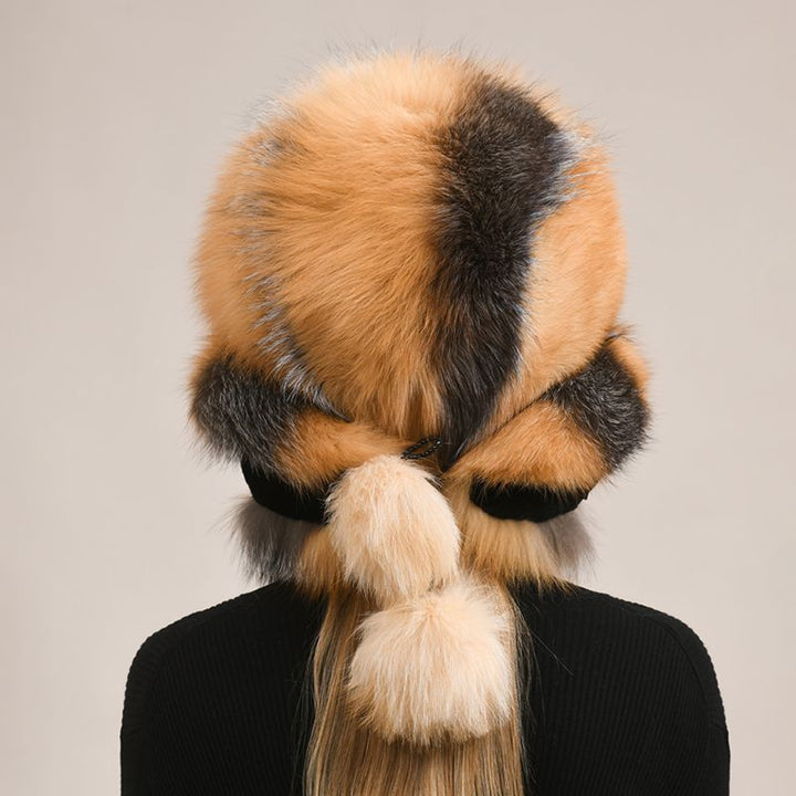 Luxury Oversized Two-Tone Real Fox Fur Pom Pom Hat Women Winter Warm Ushanka