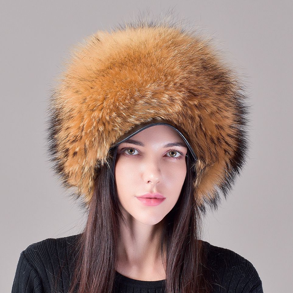 Luxury Real Fox Fur Hat with Leather Visor Elegant Winter Fur Cap for Women