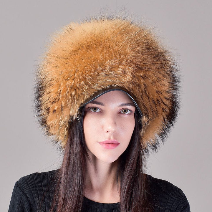Luxury Real Fox Fur Hat with Leather Visor Elegant Winter Fur Cap for Women