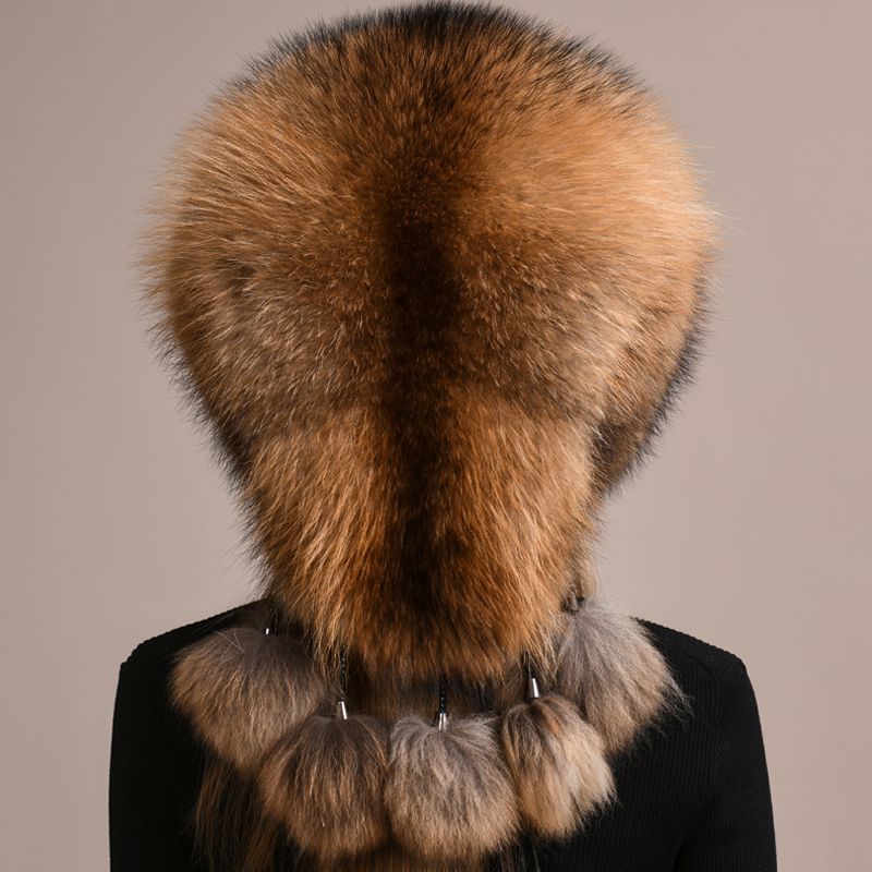 Luxury Genuine Fox Fur Hat for Women Full-Pelt Furry Fluffy Fuzzy Tail Outdoor Cold Weather Hat with Pom-Poms