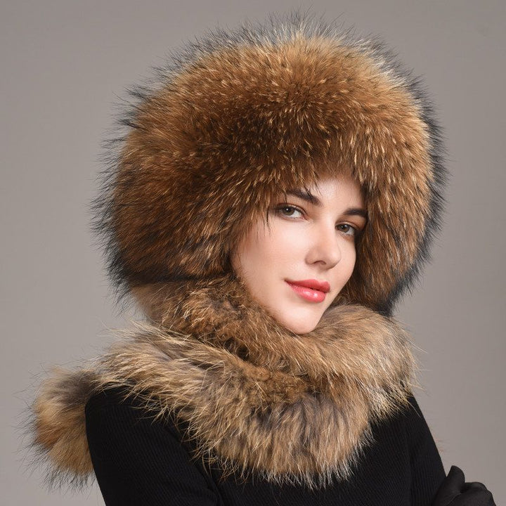 Luxury Winter Fox Fur Trapper Hat Women Pom Pom Fur Ushanka with Tail Scarf