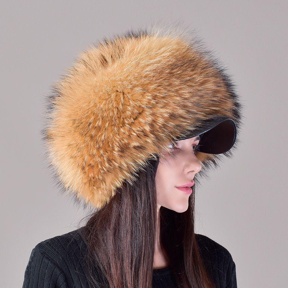 Luxury Real Fox Fur Hat with Leather Visor Elegant Winter Fur Cap for Women