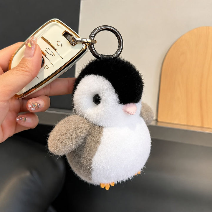 Luxury Real Mink Fur Penguin Keychain Premium Fluffy Animal Bag Charm Car Key Ring Accessory