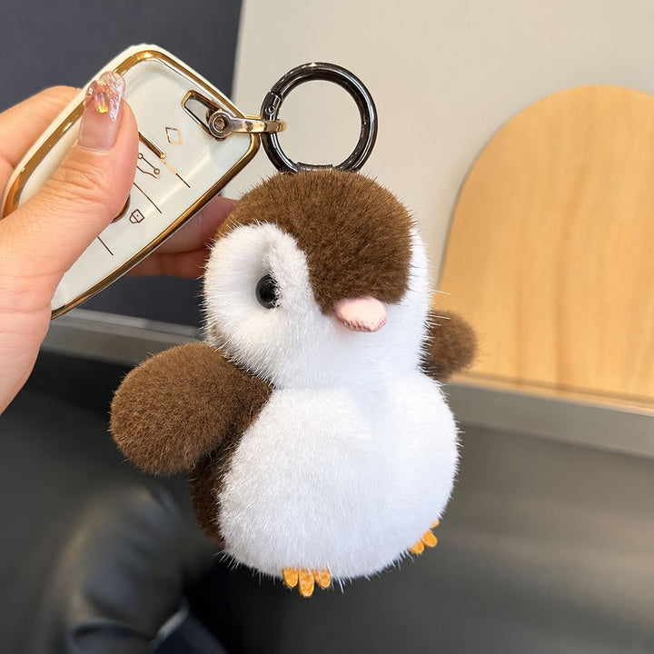 Luxury Real Mink Fur Penguin Keychain Premium Fluffy Animal Bag Charm Car Key Ring Accessory