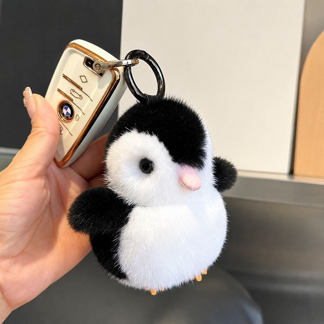 Luxury Real Mink Fur Penguin Keychain Premium Fluffy Animal Bag Charm Car Key Ring Accessory