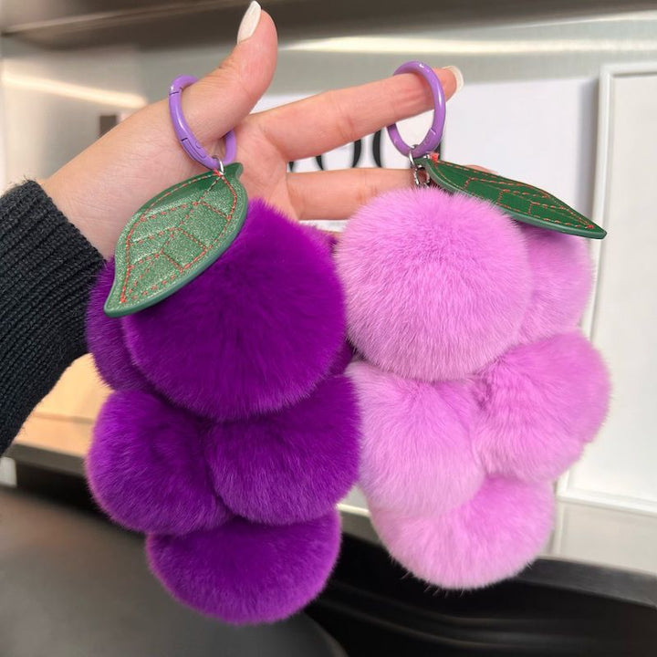 Fluffy Real Rex Rabbit Fur Grape Keychain Cute Fruit-Shaped Bag Charm