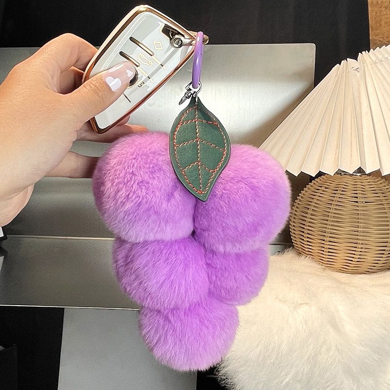 Fluffy Real Rex Rabbit Fur Grape Keychain Cute Fruit-Shaped Bag Charm