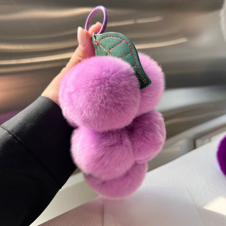 Fluffy Real Rex Rabbit Fur Grape Keychain Cute Fruit-Shaped Bag Charm