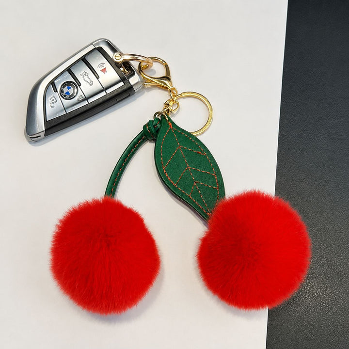 Rabbit Fur Cherry Keychain Cute Pom Pom Plush Bag Car Charm