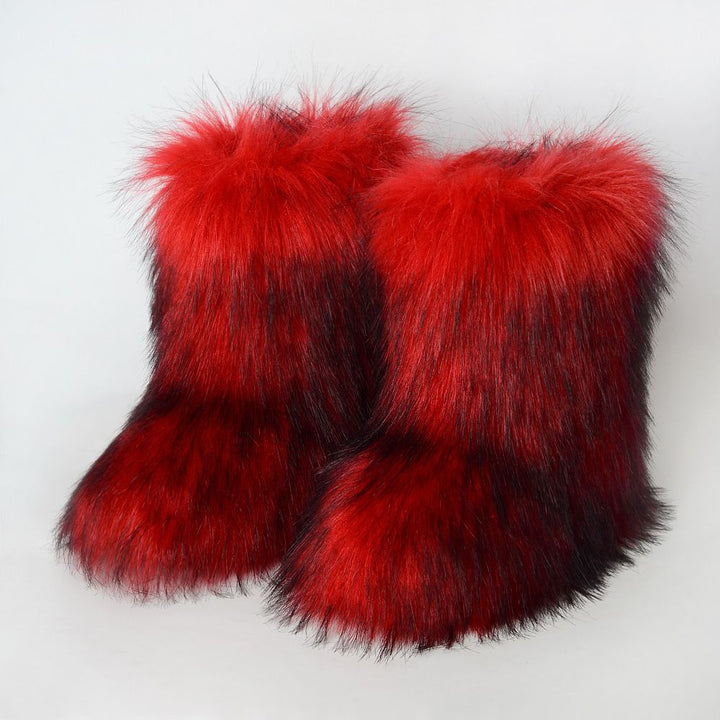 Faux Raccoon Fur Snow Boots for Women Winter Furry Cozy Slip-On Ankle Fur Boots