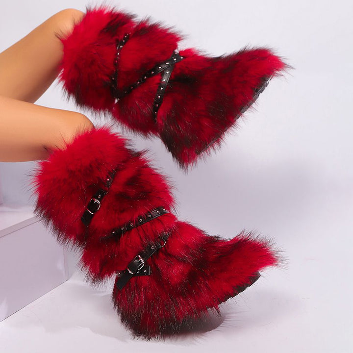 Womens Faux Fur Boot Winter Fluffy Long Furry Boots for Girls Outdoor Fuzzy Knee-High Sexy Snow Boots with Cross Straps and Buckle
